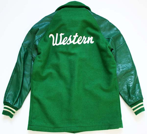 70s DeLONGデロング メルトン ウール ロング 袖革スタジャン 緑 38