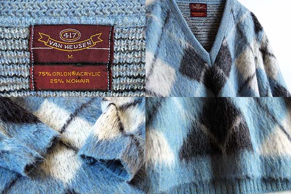 60s VAN HEUSEN アーガイル柄 Vネック モヘヤ ニット セーター M