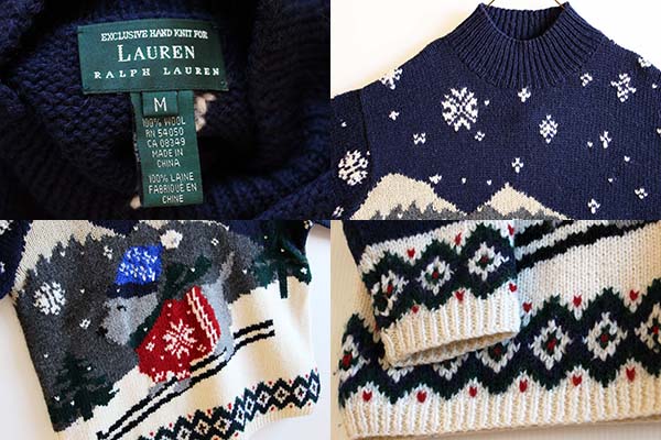 00s LAUREN ラルフローレン 犬 スキー柄 ウール ハンドニット セーター