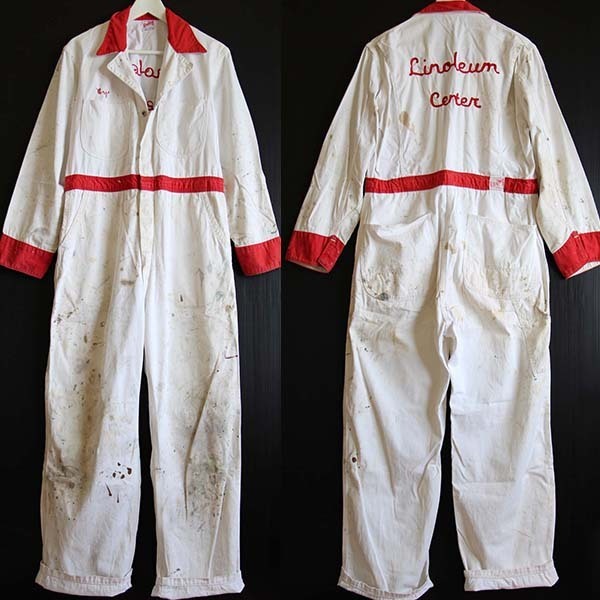 50s Unitog チェーン刺繍 ツートン コットン オールインワン ボロ 白