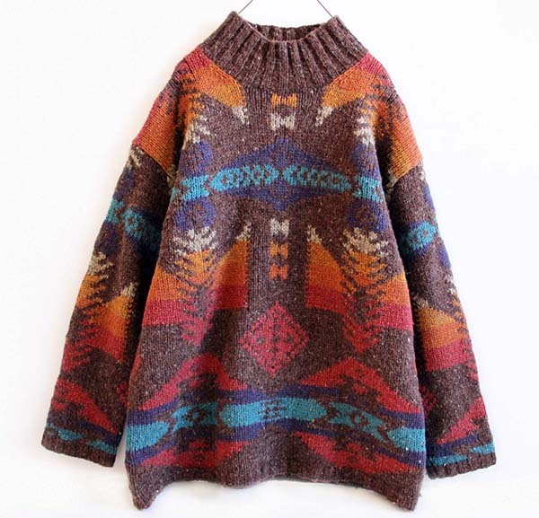 00s LAUREN ラルフローレン ネイティブ柄 ハイネック ウール ハンド