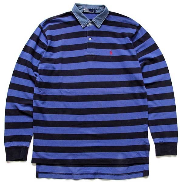90s ポロ ラルフローレン ボーダー コットン 鹿の子 長袖ポロシャツ 青