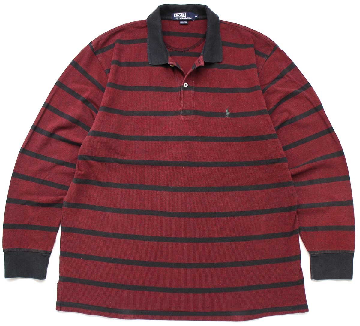 90s ポロ ラルフローレン ボーダー コットン 鹿の子 長袖ポロシャツ 赤