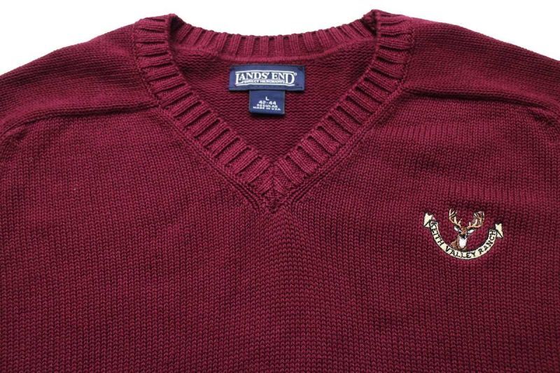 90s USA製 LANDS'ENDランズエンド KEITH VALLY RANCH刺繍 Vネック