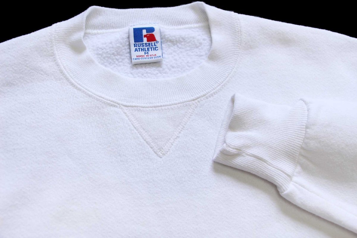 90s USA製 RUSSELLラッセル 無地 前V スウェット 白 M☆ブランク