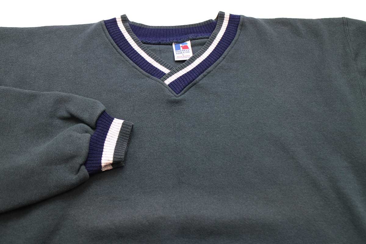 90s USA製 RUSSELLラッセル 無地 Vネック リブライン スウェット 深緑