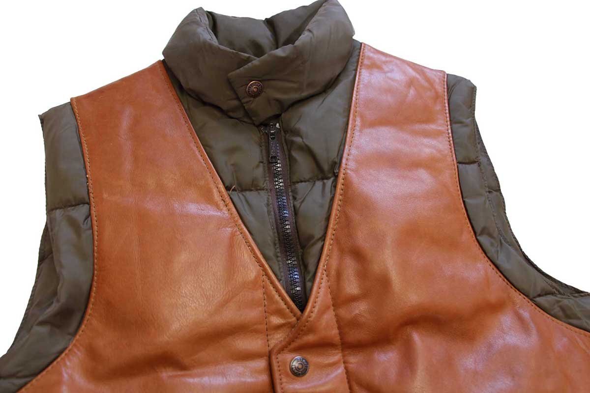 80s USA製 Schottショット ナイロン×レザー切り替え ダウンベスト 茶