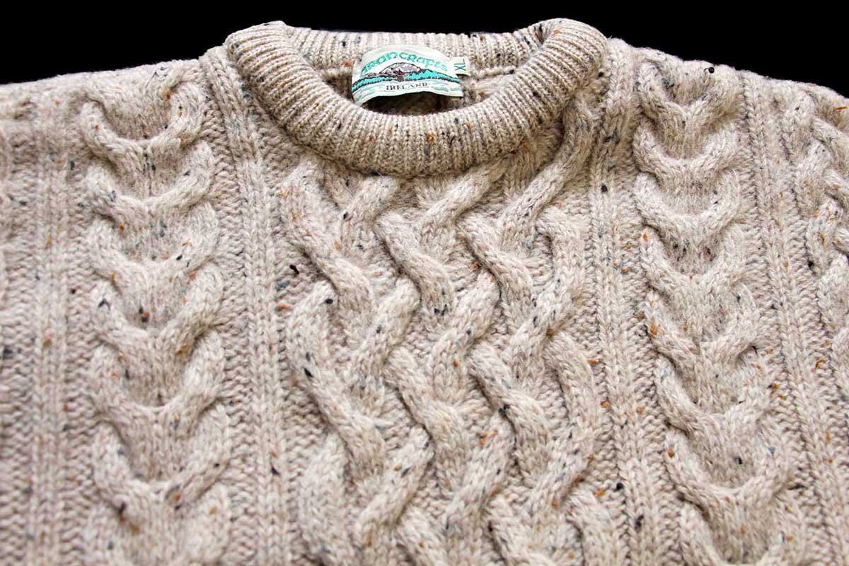 アイルランド製 aran crafts ケーブル編み ネップ入り ウールニット