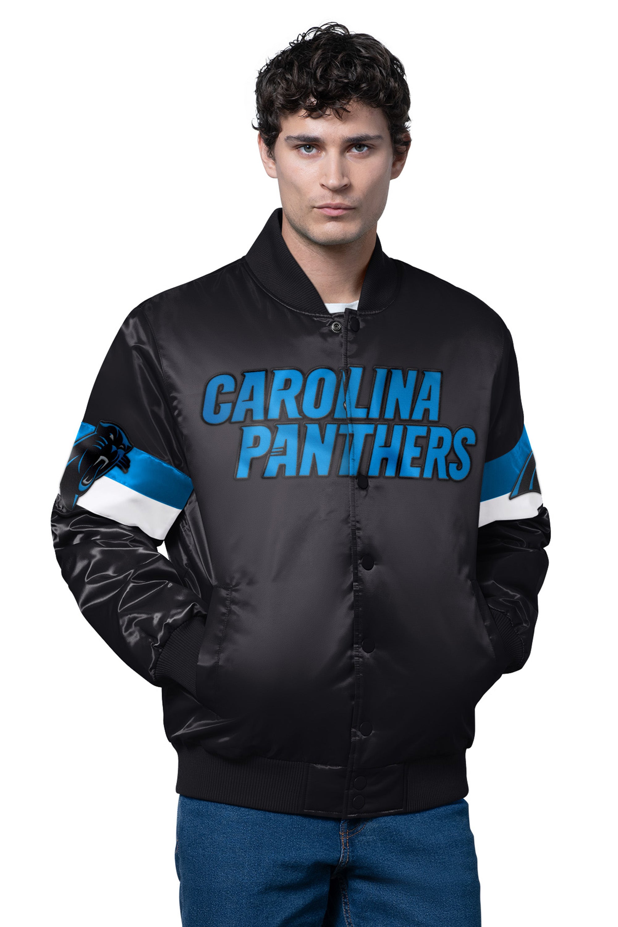 Mens Carolina Panthers Triple Option Satin Varsity Jacket | NFL