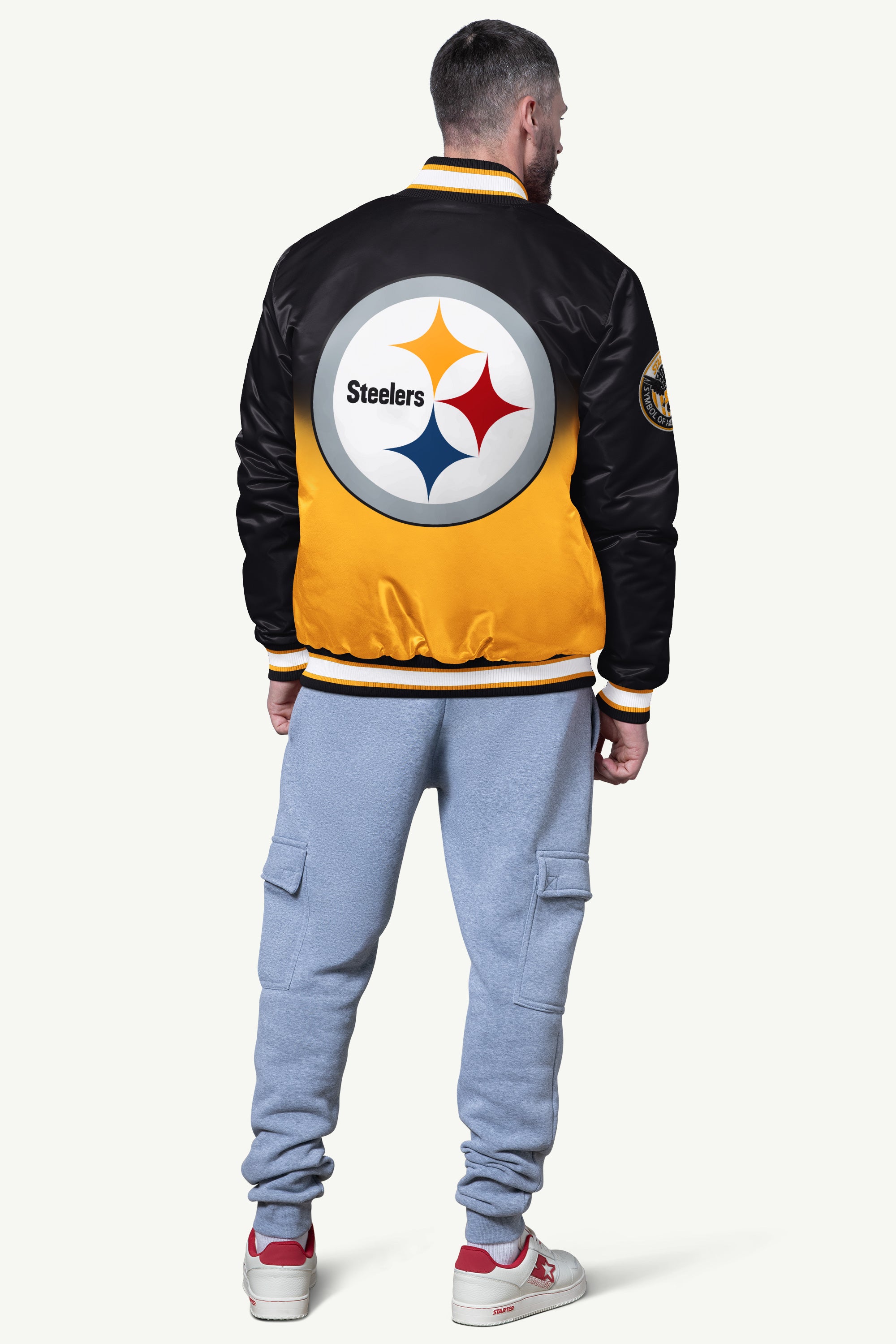 Mens Pittsburgh Steelers Pass Rush Satin Varsity Jacket | NFL