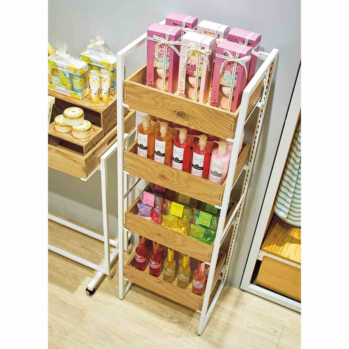 木製トレー付きワゴン ホワイト〔ストエキオリジナル〕 ナチュラル