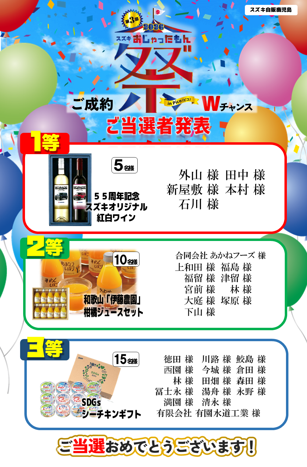 スズキおじゃったもん祭☆ご成約Wチャンス当選者のお知らせ｜その他