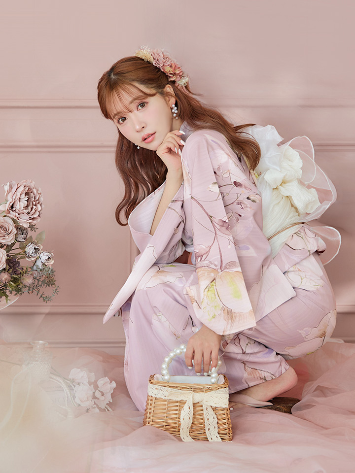 即日発送】大人くすみピンクx牡丹浴衣【浴衣3点セット 浴衣/帯/下駄