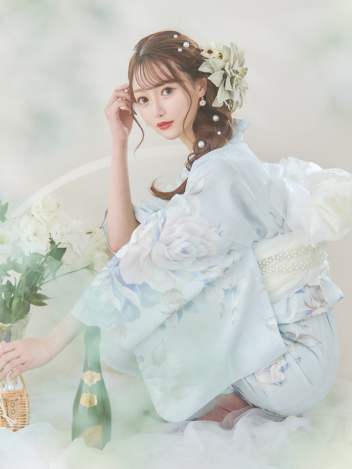 即日発送】クラシカルローズブルー浴衣【浴衣3点セット 浴衣/帯/下駄