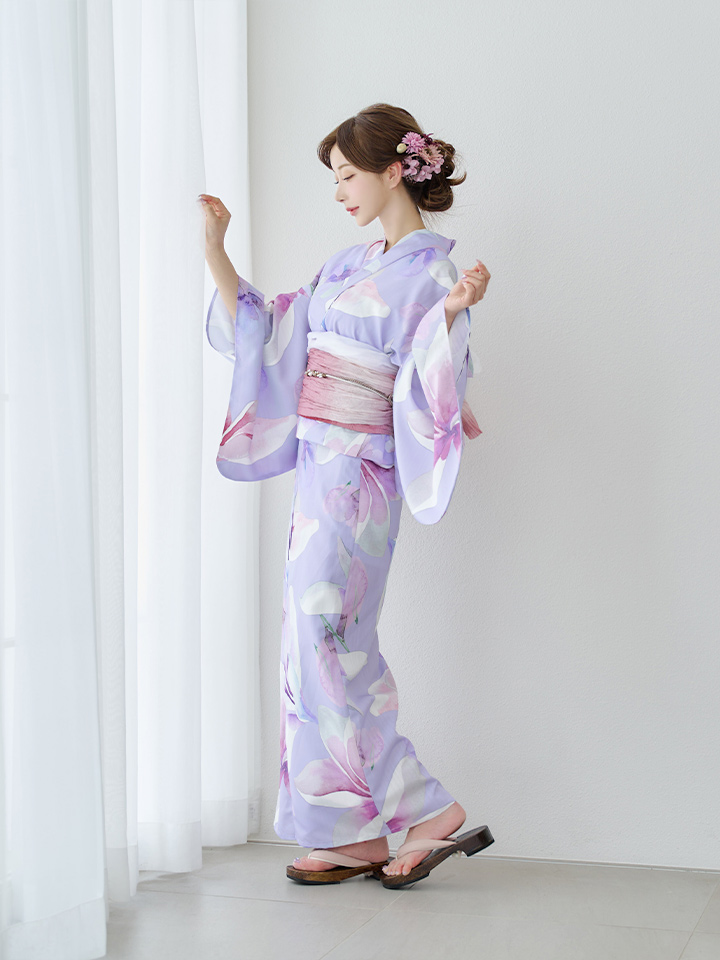 即日発送】【Riuコラボ】パープル地に咲く百合浴衣【浴衣3点セット
