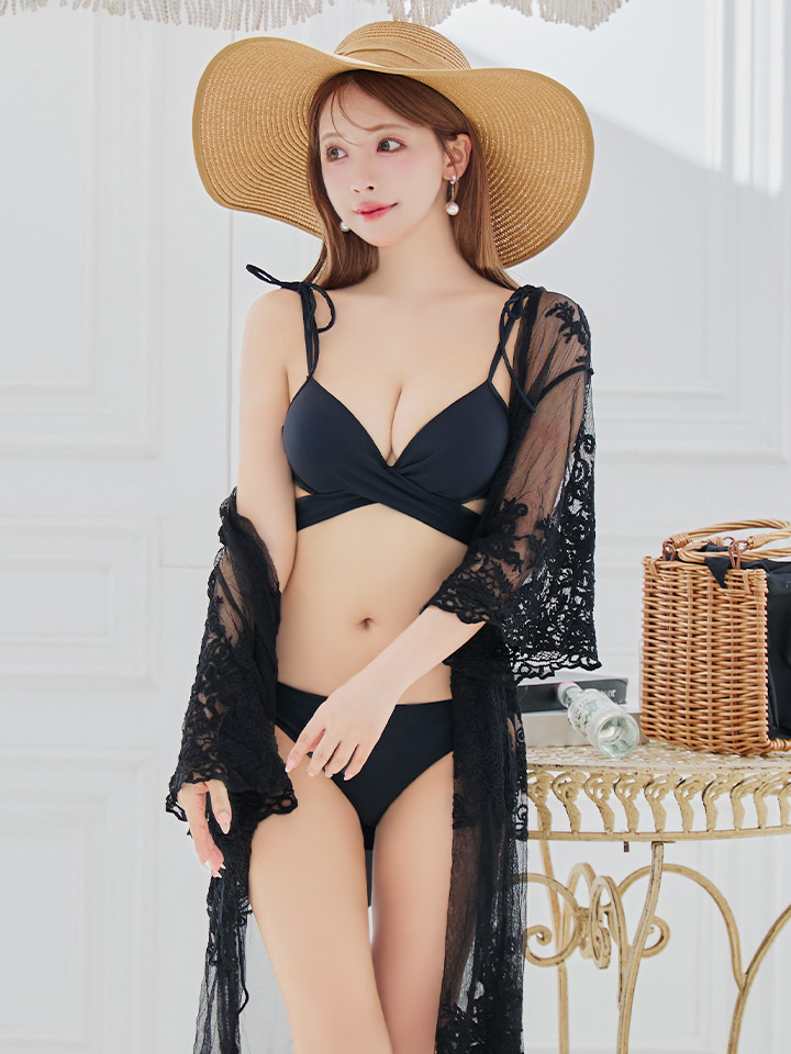 即日発送】【ビキニ】【水着】バッククロスリボンワンカラービキニ 2点