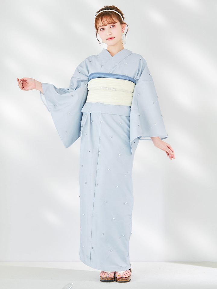 即日発送】アーガイルビジュー浴衣 【浴衣3点セット 浴衣/帯/下駄