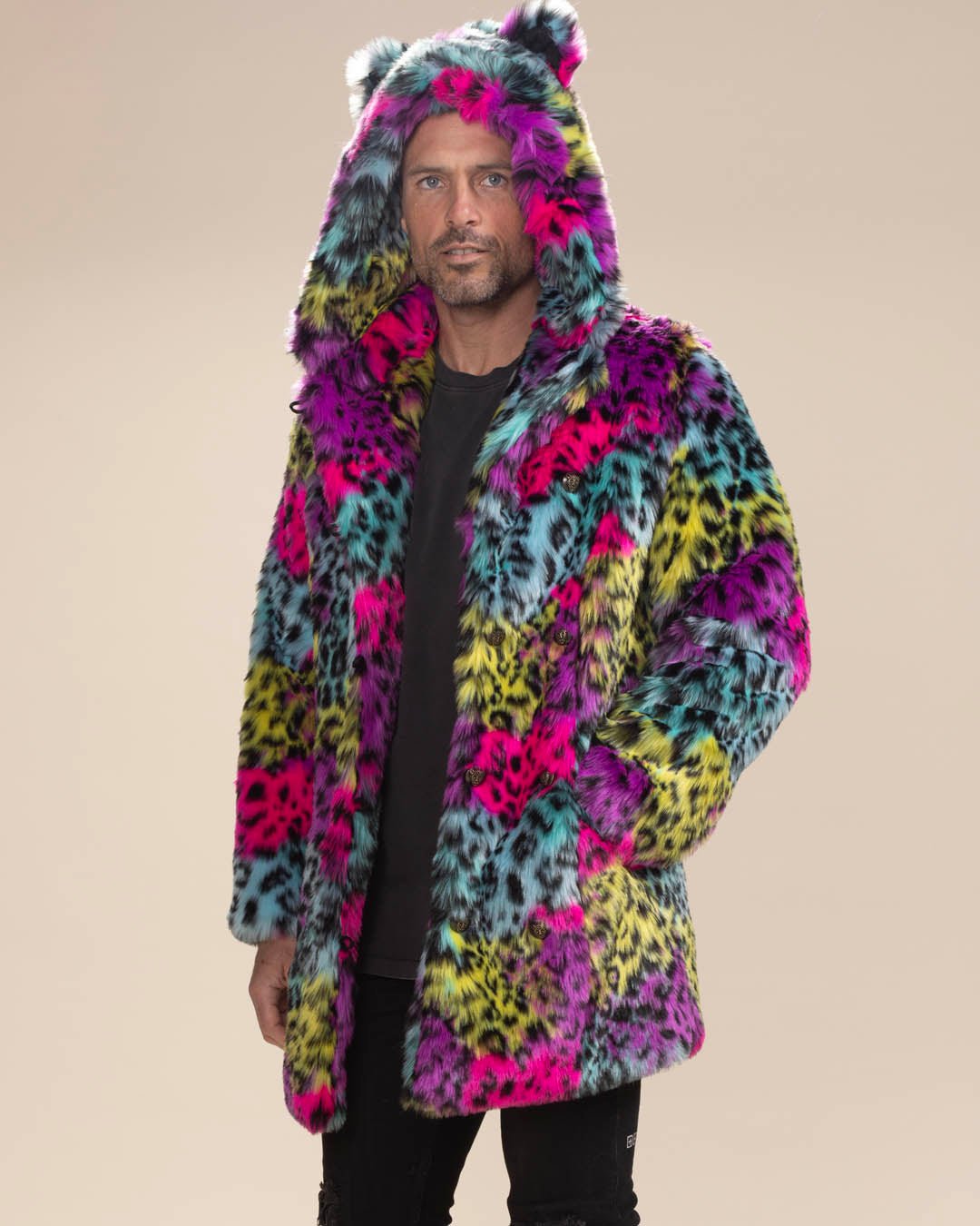 Men's Faux Fur Coat with Hood | Neon Graffiti Leopard - SpiritHoods