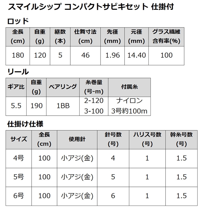 スマイルシップ コンパクトサビキセット 180cm 仕掛付 釣り竿 - 釣具の