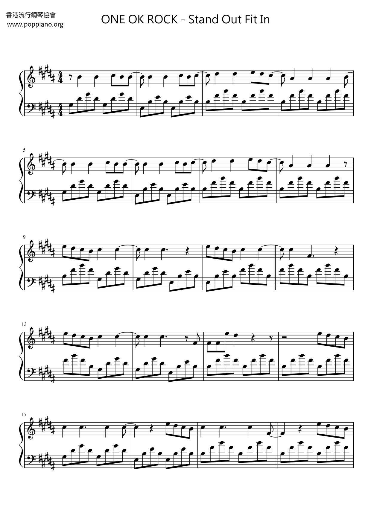 ☆ワンオクロック - Stand Out Fit In ピアノ譜pdf (ワンオクロック
