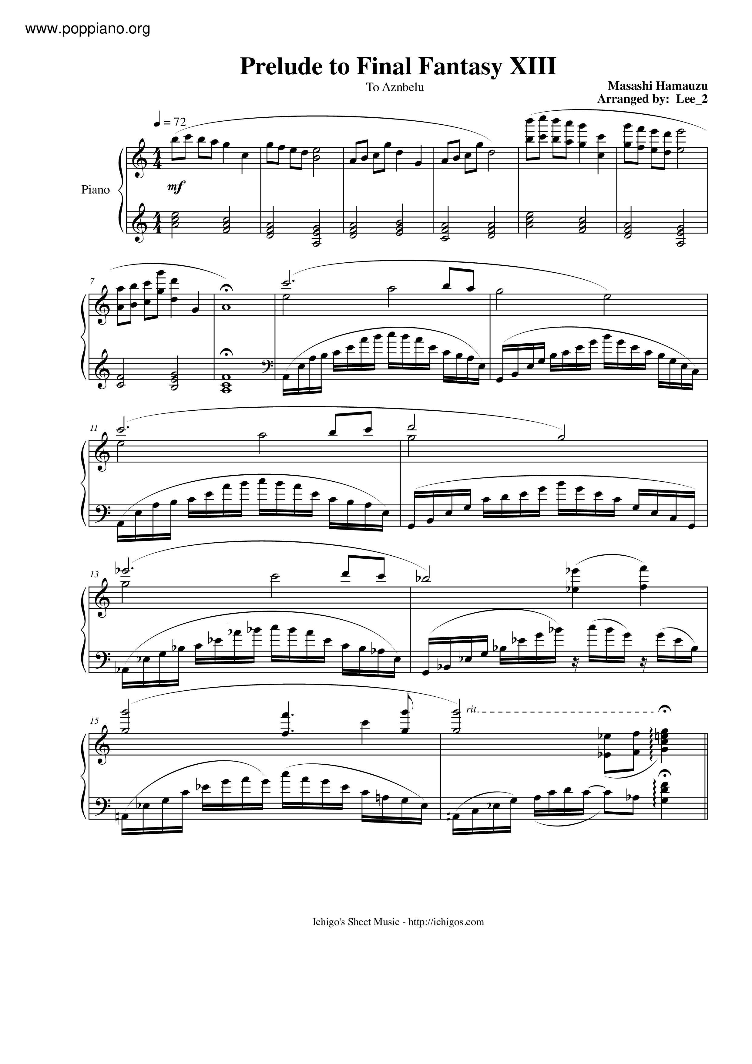 ☆ Prelude To Final Fantasy XIII ( 楽譜) - PDF無料ピアノ譜 gakufu