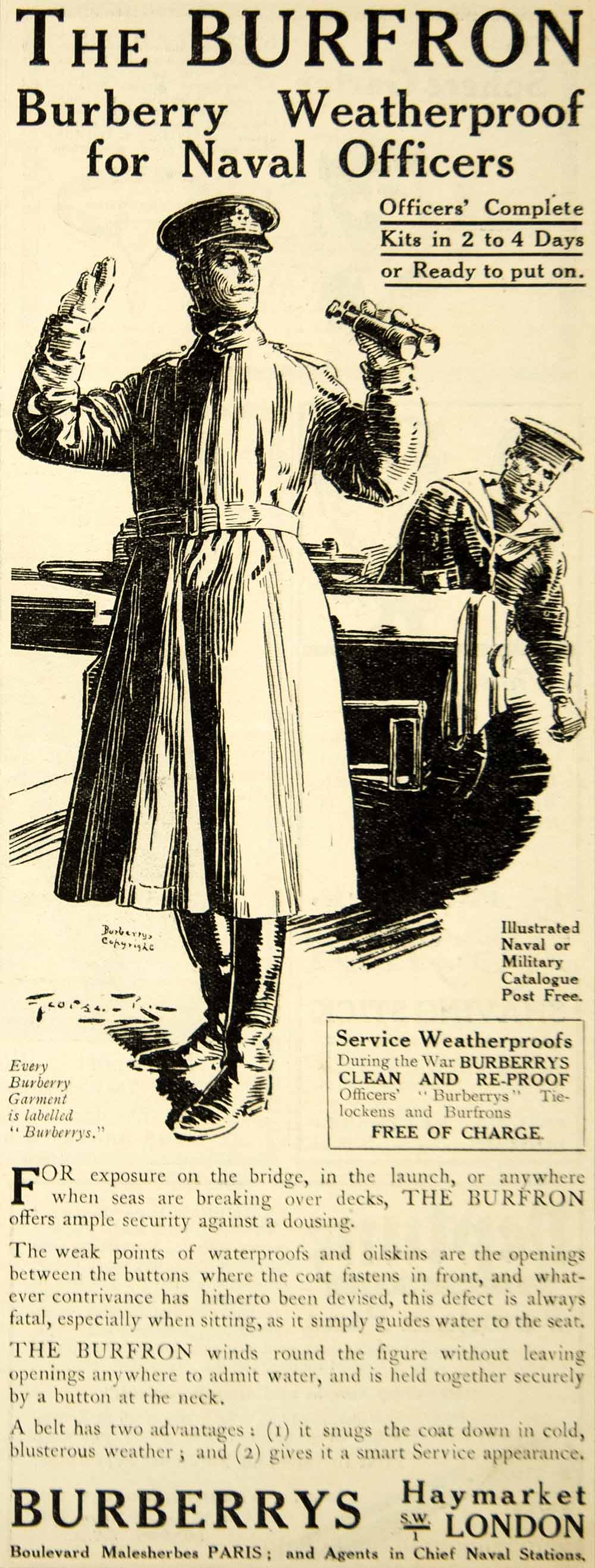 1917 Ad Vintage WWI Burfron Burberry Weatherproof Trench Coat
