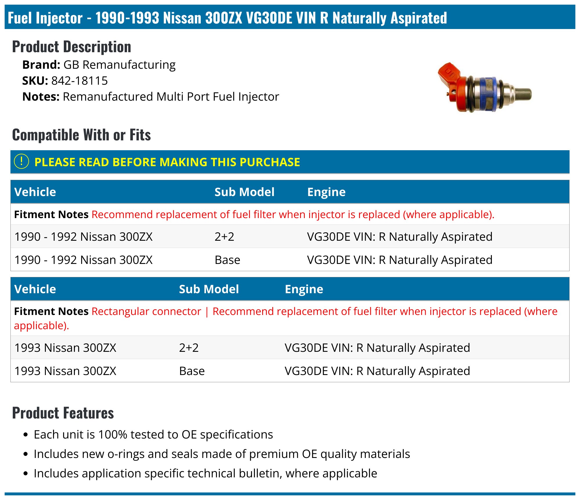 1990-1993 Nissan 300ZX Fuel Injector - GB Remanufacturing 842