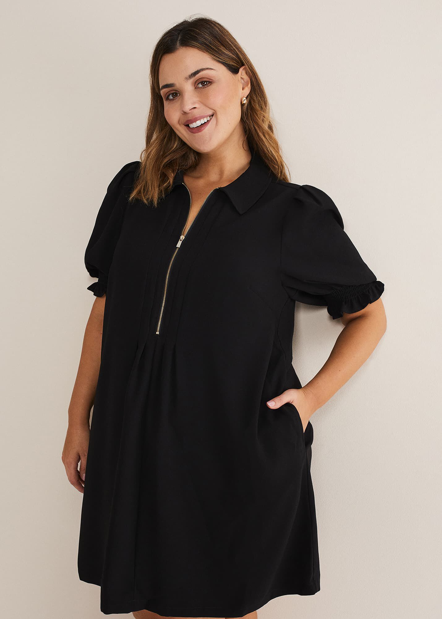 Navy Zip Mini Dress with Frill Sleeve Cuffs | Phase Eight | Phase