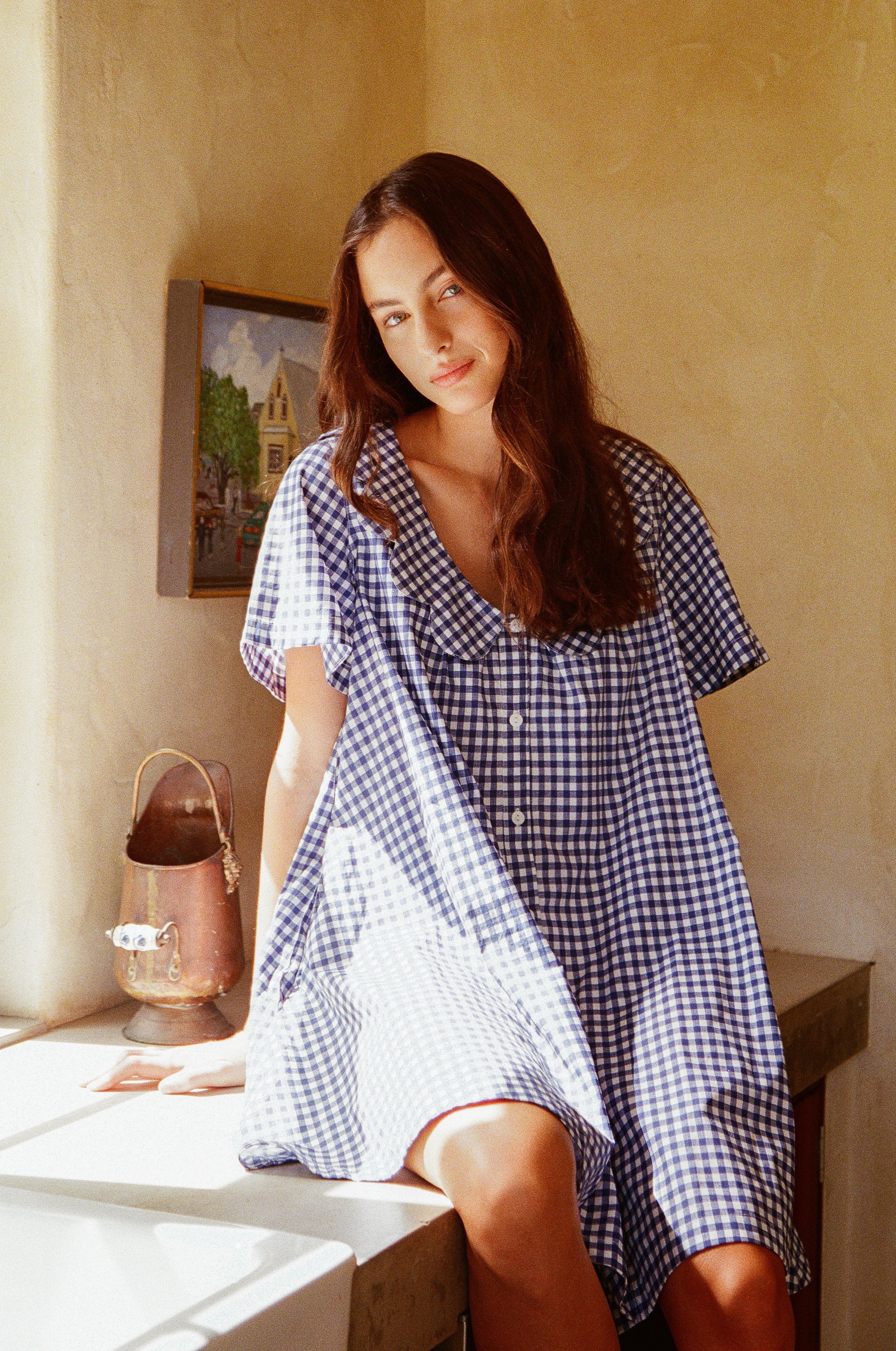 Penelope Lounge Dress - Gingham - Navy – Piyama USD
