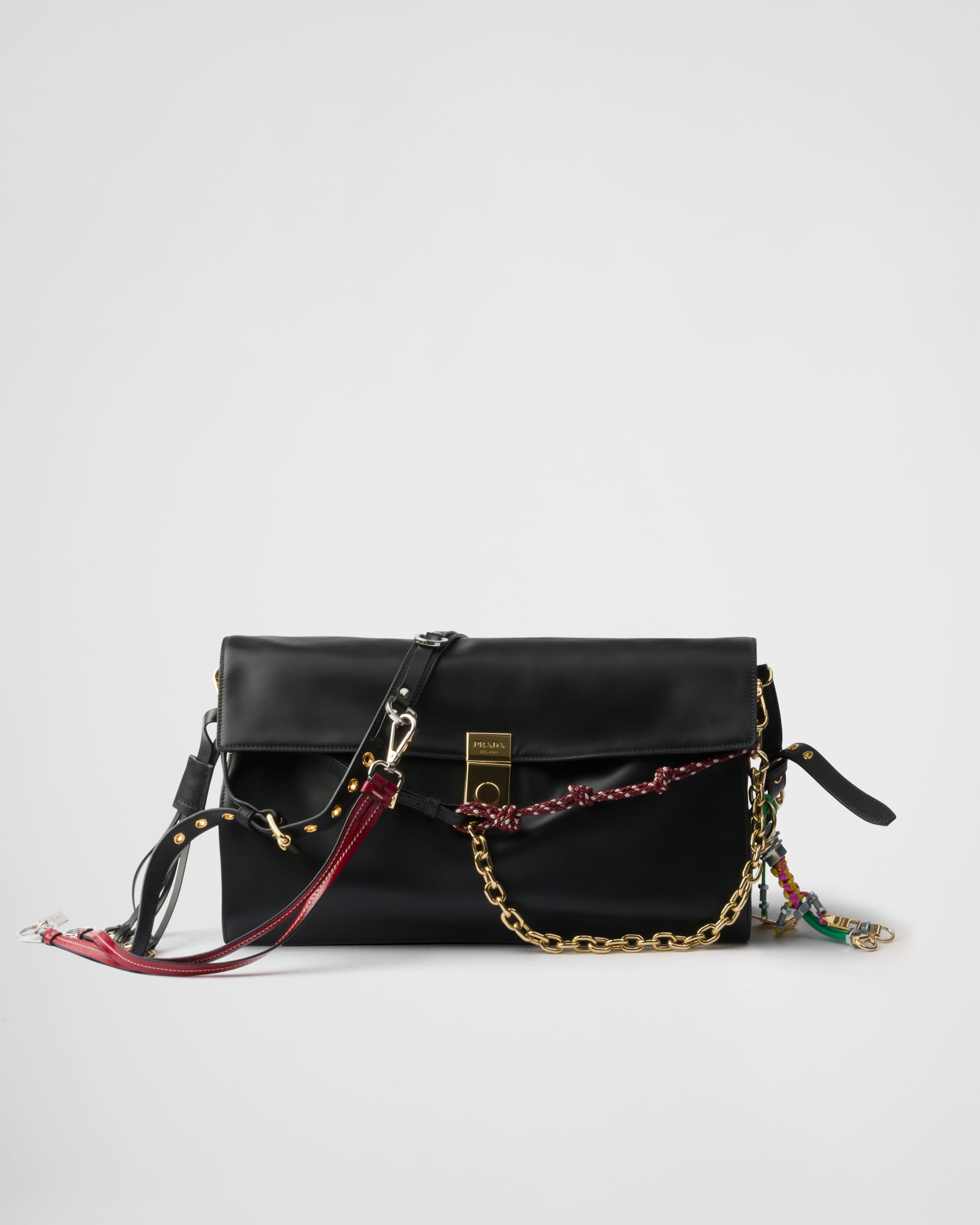 Black Prada Soft Sound Large Leather Shoulder Bag With Charms | PRADA