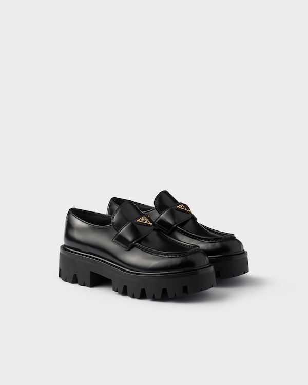 Black Monolith Brushed Leather Lace-up Shoes | PRADA
