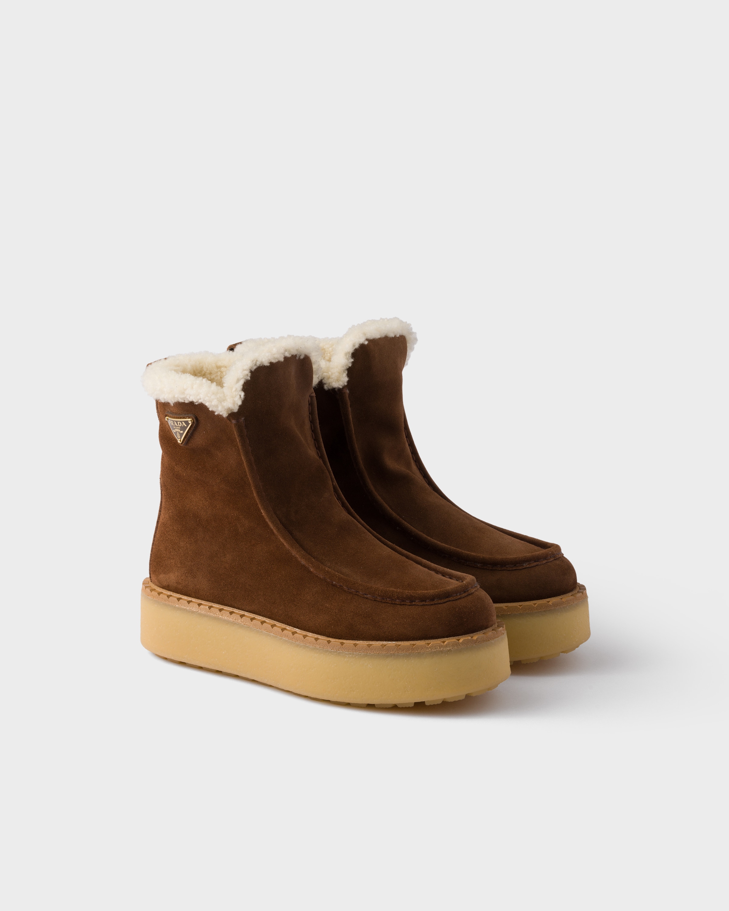 Cocoa Brown Suede And Shearling Booties | PRADA