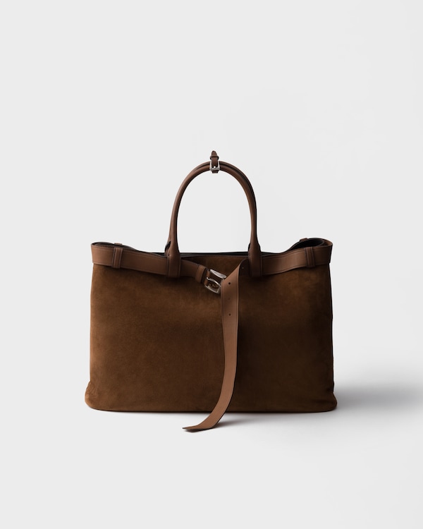 ココアブラウン ベルト付 プラダ バックル スエード バッグ | PRADA