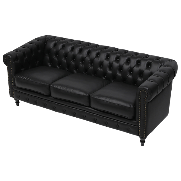 ブラックPUレザーコンパクトチェスターフィールド3シーターソファ