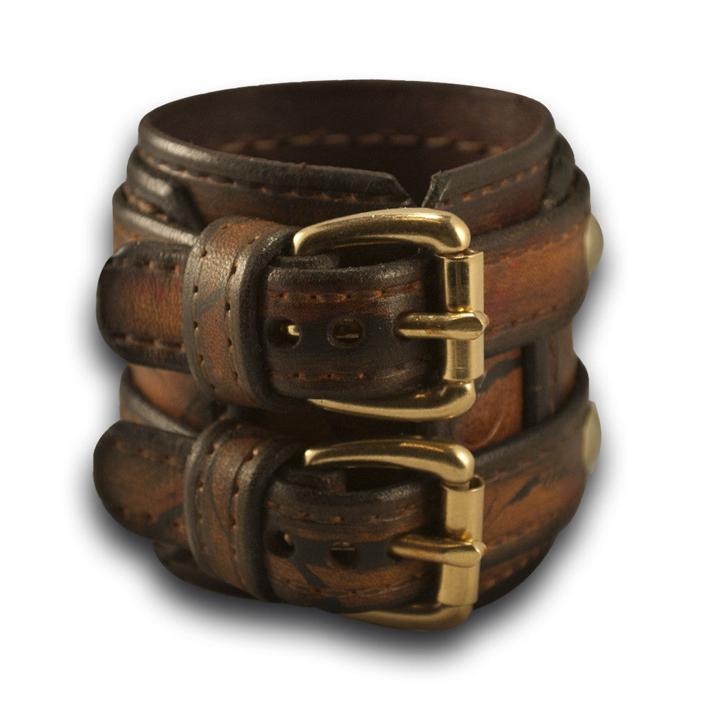 Layered Leather Double Strap Cuff Wristband with Double Buckles