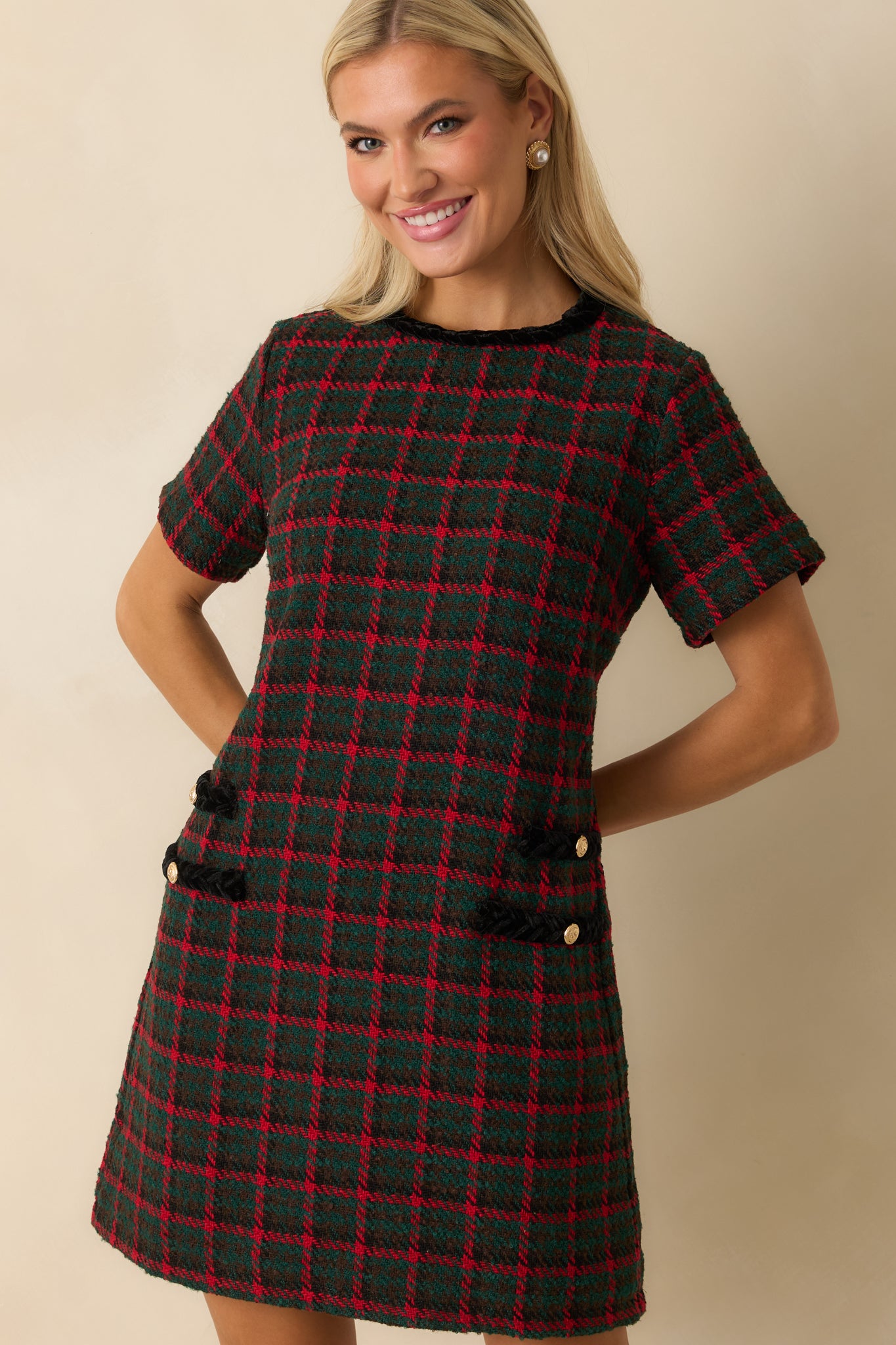 Prosperina Portia Green Multi Plaid Tweed Shift Dress | Red Dress
