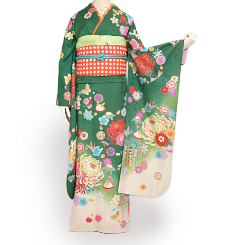 成人式/参列/振袖】オレンジ帯がかわいいポップ☆緑 乱菊 / 成人式や