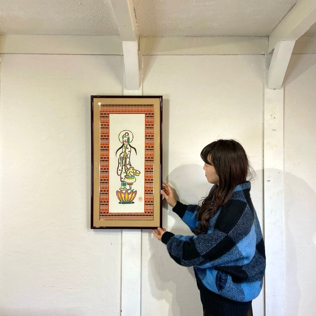 芹沢銈介 肉筆画「微笑観音」額装 紙本彩色 サイン入り 希少 民藝