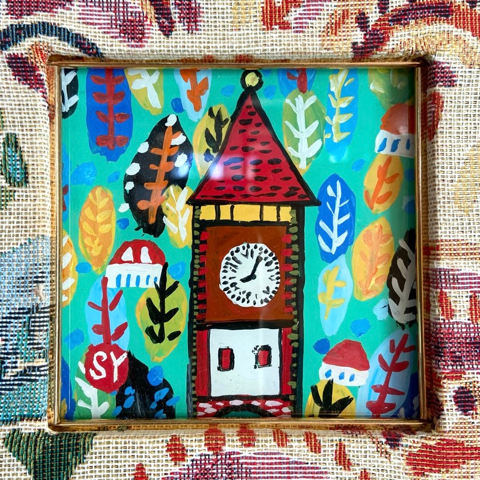 柚木沙弥郎 ガラス絵 「時計の台の森」アート 絵画 一点もの 作家 中古