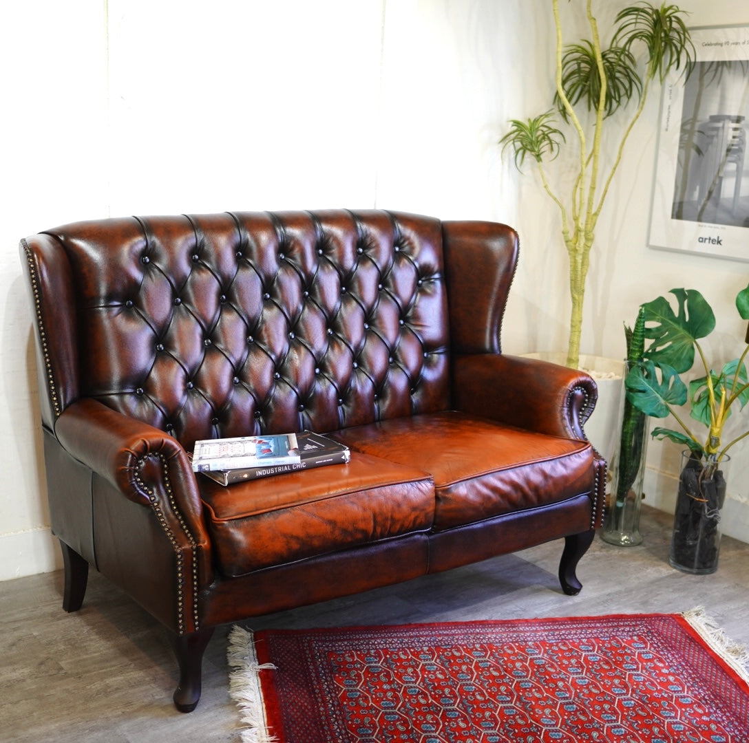 チェスターフィールド ソファ 2P 中古ブラウン 本革 重厚感 英国