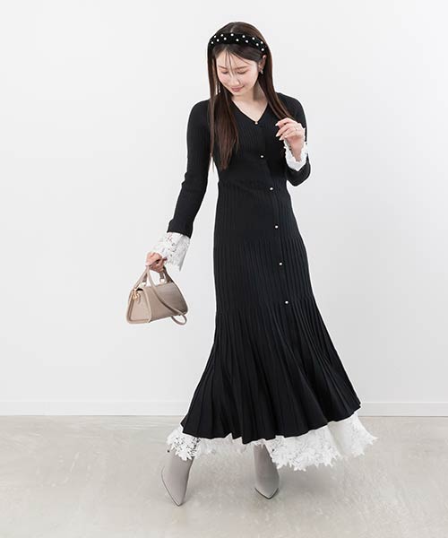 SALE】【選べる丈感】レースドッキングフロント釦ニットワンピース