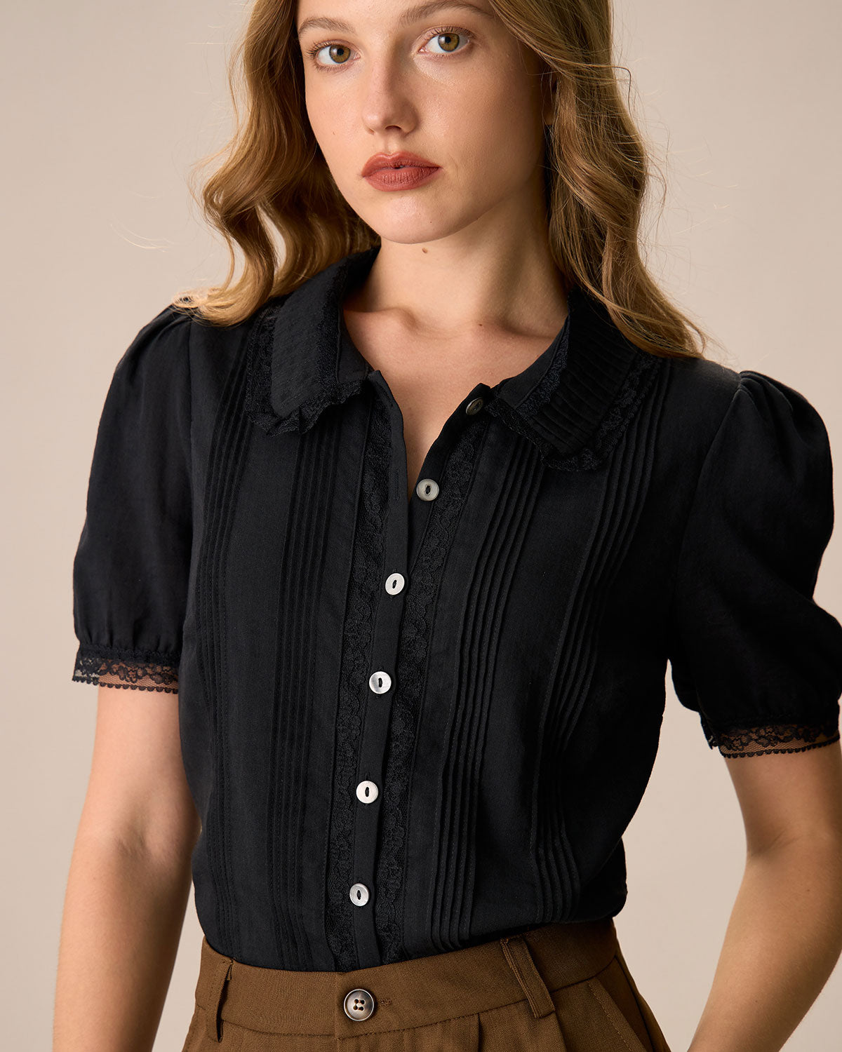 Women's Black Chelsea Collar Lace Trim Cotton Blouse & Reviews