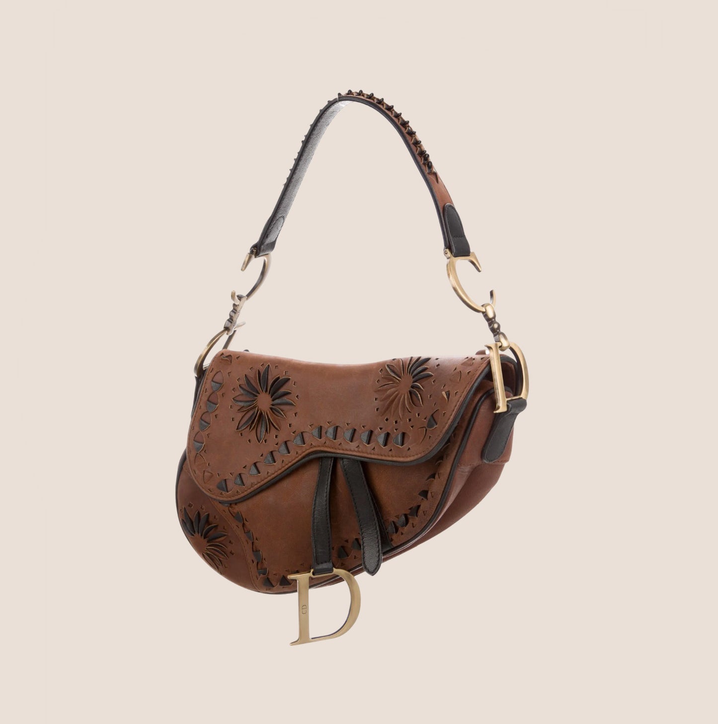 CHRISTIAN DIOR BROWN LEATHER FLORAL LASER CUT SADDLE BAG – RDB