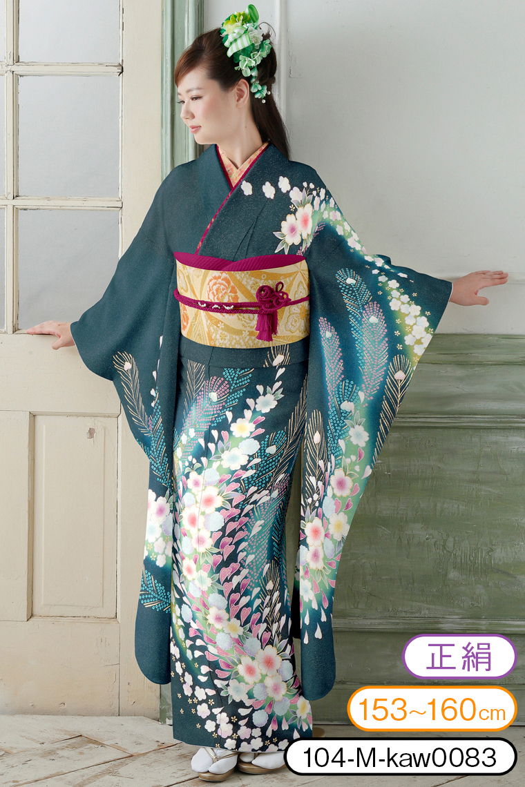 振袖レンタル 振袖Mサイズ 十日町友禅 絞り：桐屋 孔雀舞 濃グリーン