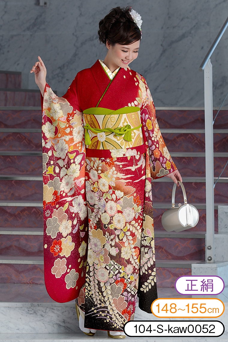 振袖レンタル 振袖Sサイズ 絞り 辻ヶ花染め風 七宝に草花文様 赤｜着物