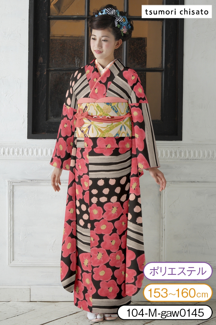 振袖レンタル 振袖Mサイズ ブランド：tsumori chisato 横段椿 黒
