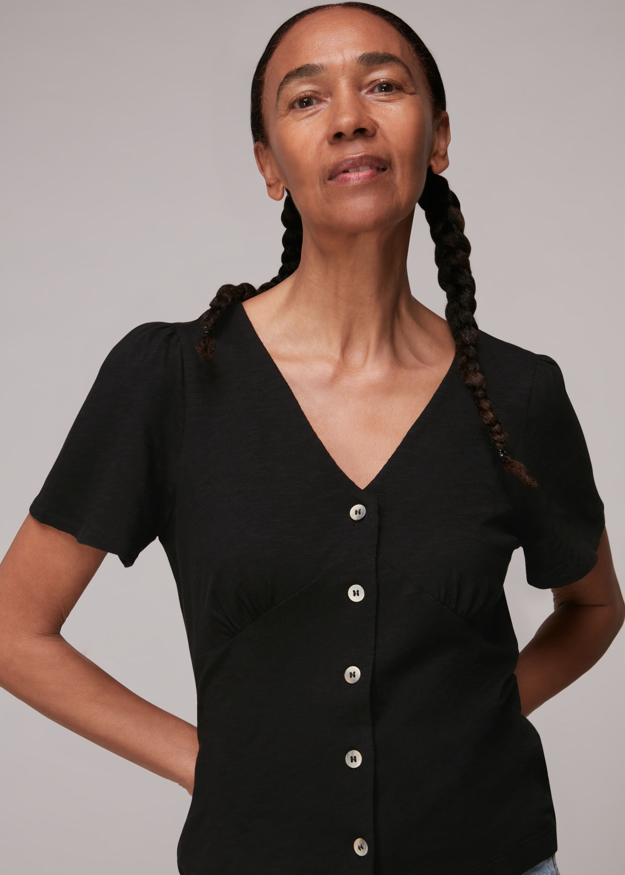 Black Button Front Frill Top | WHISTLES | Whistles US |