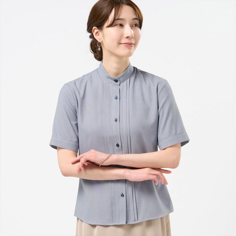 COFREX】 スタンド ピンタックブラウス 五分袖 レディースデザイン