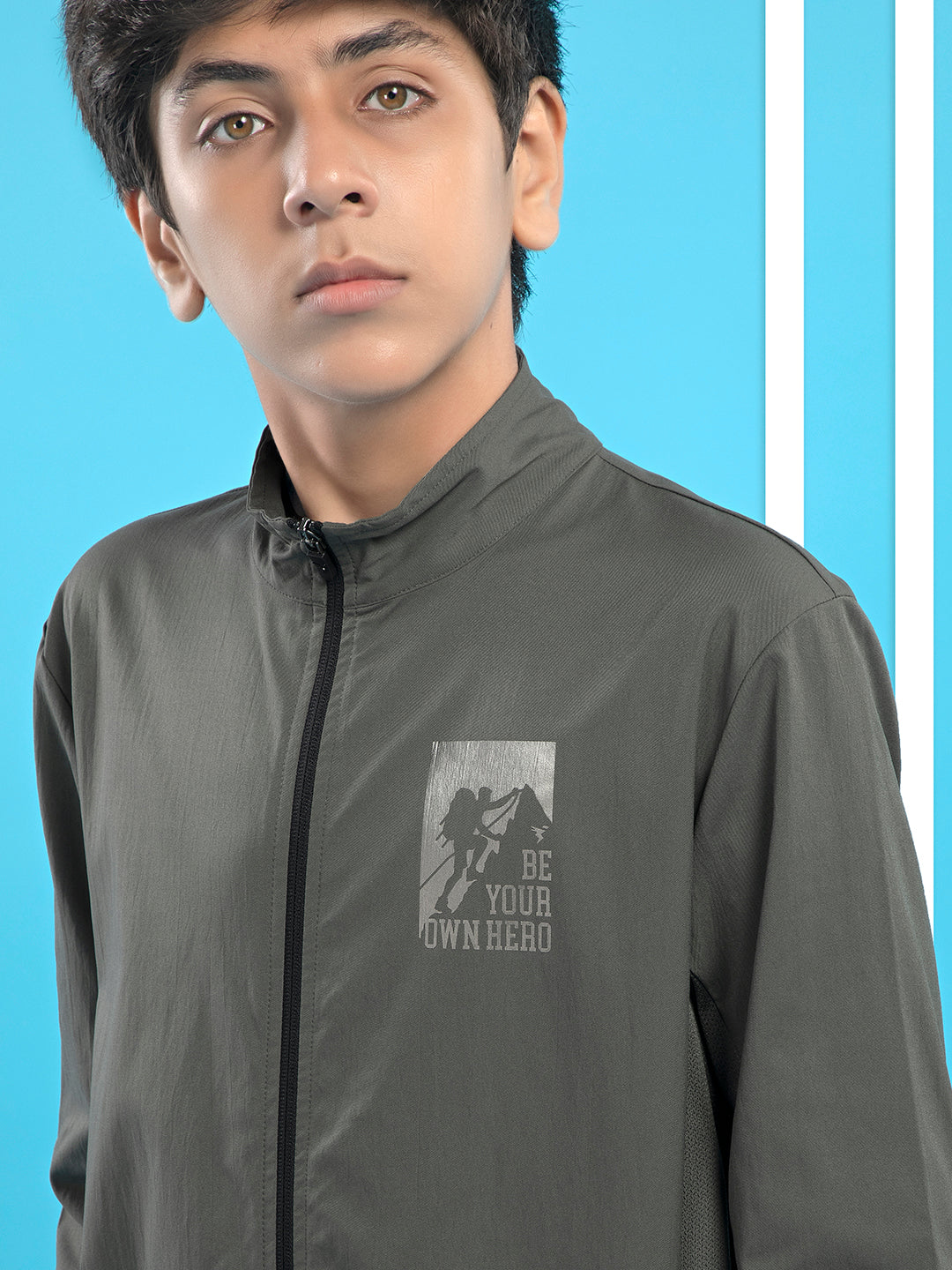 Boys Colorblock Slim Fit Mock Neck Sports Jacket with TS FLEXI