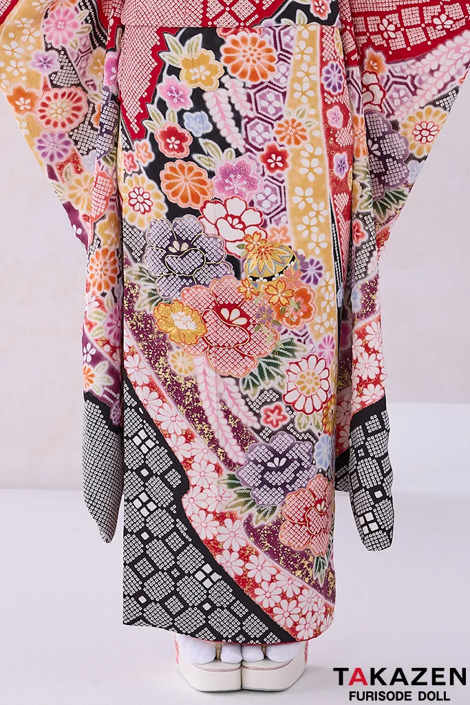 正統派古典 赤/黒 絞り風/毬柄 人気 はんなり 可愛い 高級振袖 金駒繍